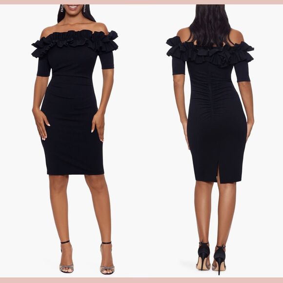 NEW $228 XSCAPE [ 16P PETITE  ]‎ Ruffle Off Shoulder Cocktail Dress Black - Picture 1 of 14